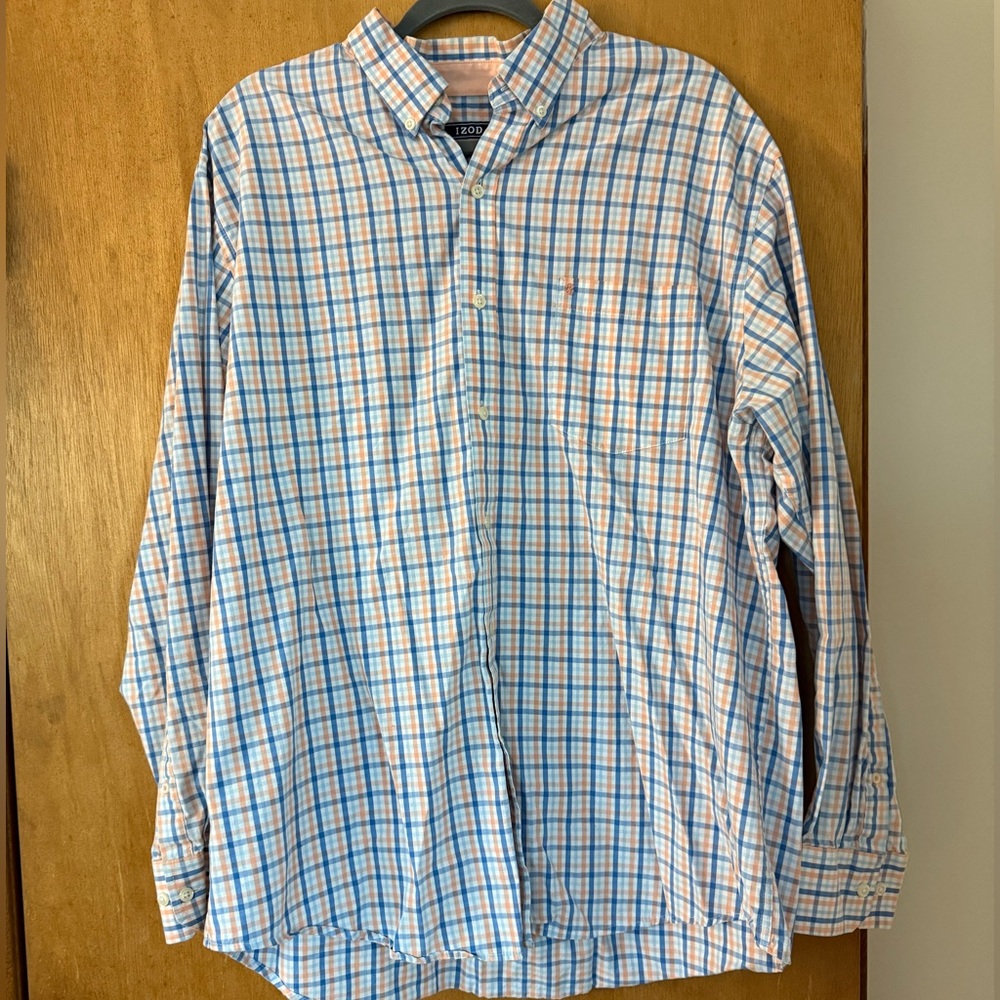Izod Men's Casual Blue and Orange Checkered Shirt